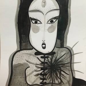 Intuitive laminated drawings, imaginary portraits, Lucky Art, protection, India ink and water