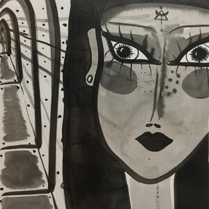 Intuitive laminated drawings, imaginary portraits, Lucky Art, protection, India ink and water