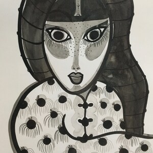 Intuitive laminated drawings, imaginary portraits, Lucky Art, protection, India ink and water