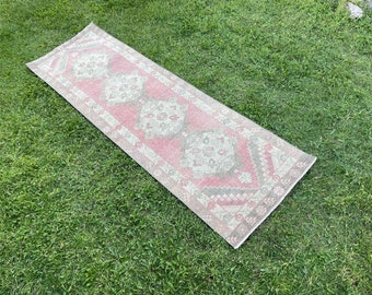 Pink Oushak Runner, Pastel Vintage Rug, 3x9 Turkish Runner, Boho Rug for Bedroom, Living Room Rug with Beige, Kitchen Runner Rug 2'9" x 9'0"