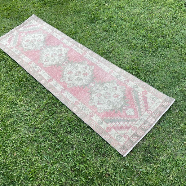 Pink Oushak Runner, Pastel Vintage Rug, 3x9 Turkish Runner, Boho Rug for Bedroom, Living Room Rug with Beige, Kitchen Runner Rug 2'9" x 9'0"