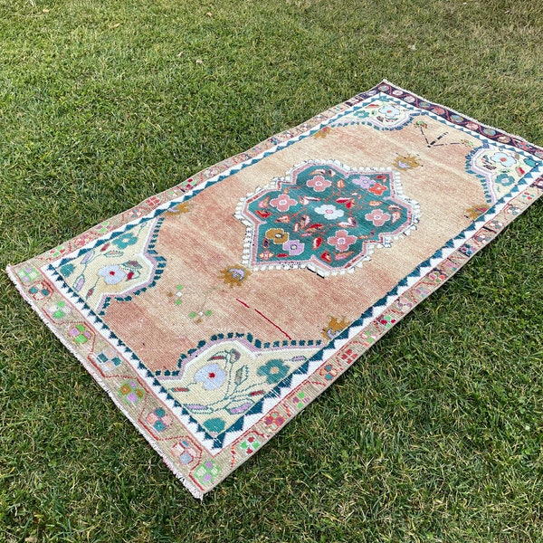 3x6 Turkish Rug, Peach Oushak Rug, Small Vintage Area, Anatolian Area Rug, Small Handmade Rug, Rug for Living Room, Gift Rug 3'0"x6'1"