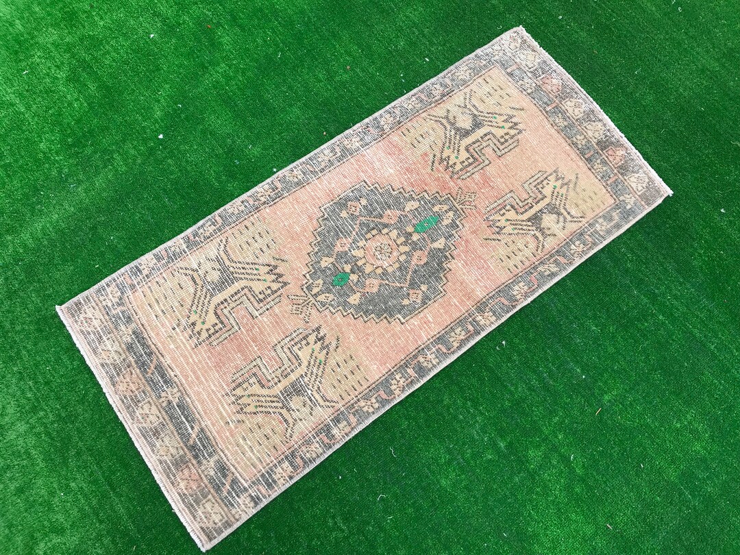 2x4 Turkish Wool Rug, Peach and Black Vintage Rug, Neutral Oushak Rug
