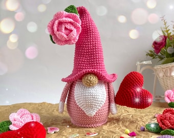 Crochet Pattern Gnome with Heart, Spring Flower Amigurumi