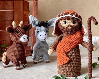 Nativity Scene Crochet Pattern: Shepherd and Animals (Bull and Donkey). Christmas Crochet Ornaments. Handcrafted Holiday Crochet Decor.