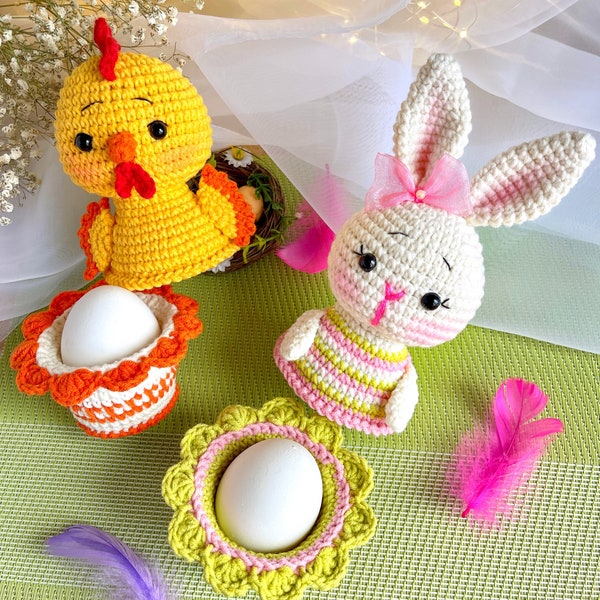 Motif de décorations de Pâques au crochet : lapin, poussin et mouton. Modèle chauffe-oeufs facile au crochet. Poulet amigurumi. PDF en anglais