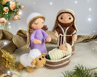 Ensemble de crèche au crochet, Marie Joseph et Jésus, scène de Noël, modèle de Noël au crochet, ensemble de crèche, modèle amigurumi au crochet