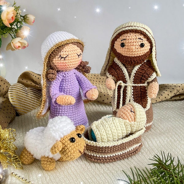 Ensemble de crèche au crochet, Marie Joseph et Jésus, scène de Noël, modèle de Noël au crochet, ensemble de crèche, modèle amigurumi au crochet