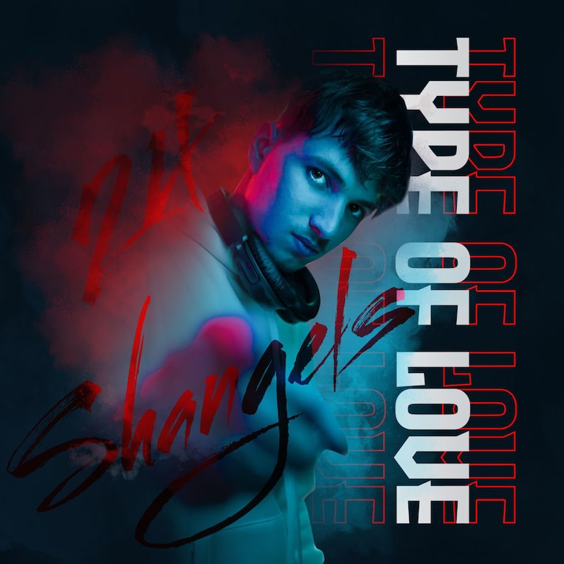 May include: A person with short brown hair is wearing a white shirt and a black headset. The background is a dark blue with red and white text that says "Type of Love" and "Shangels".