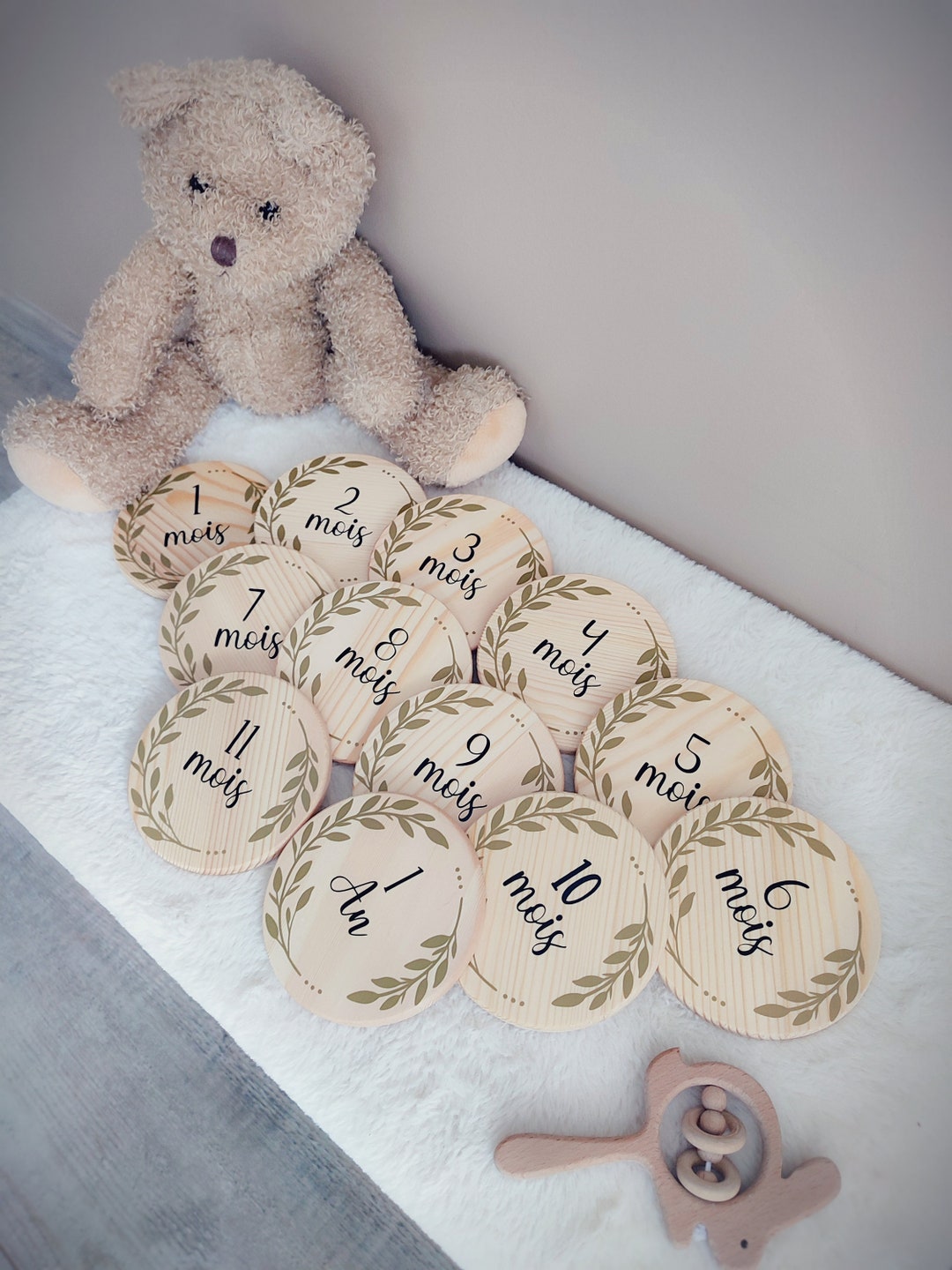 Cartes Étapes Bébé En Bois 12pcs - Jalons Mensuels Gravés Recto/Verso - Cadeau Naissance Fille Ou Garçon