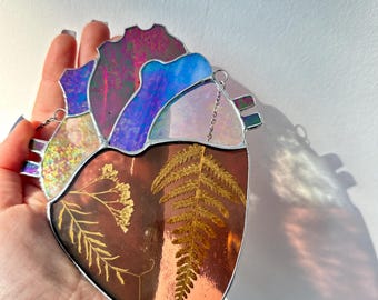 Coração Anatômico com Samambaias Reais – Arte em Vitral