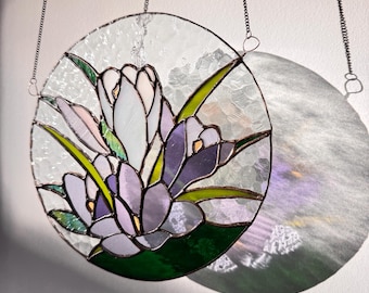 Round Crocus Stained Glass Panel – Botanical Spring Suncatcher – Tiffany Technique Window Art