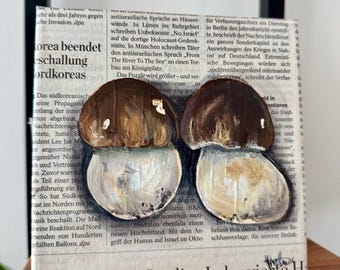 Pintura de cogumelo porcini em jornal – Obra de arte original em técnica mista