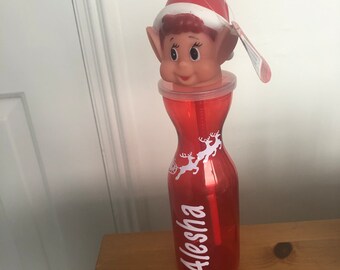 Personalised naughty elf drinks bottle with straw