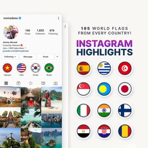 Instagram Travel Highlight Covers | 195 Country Flags for Social Media Stories | Traveler Icons