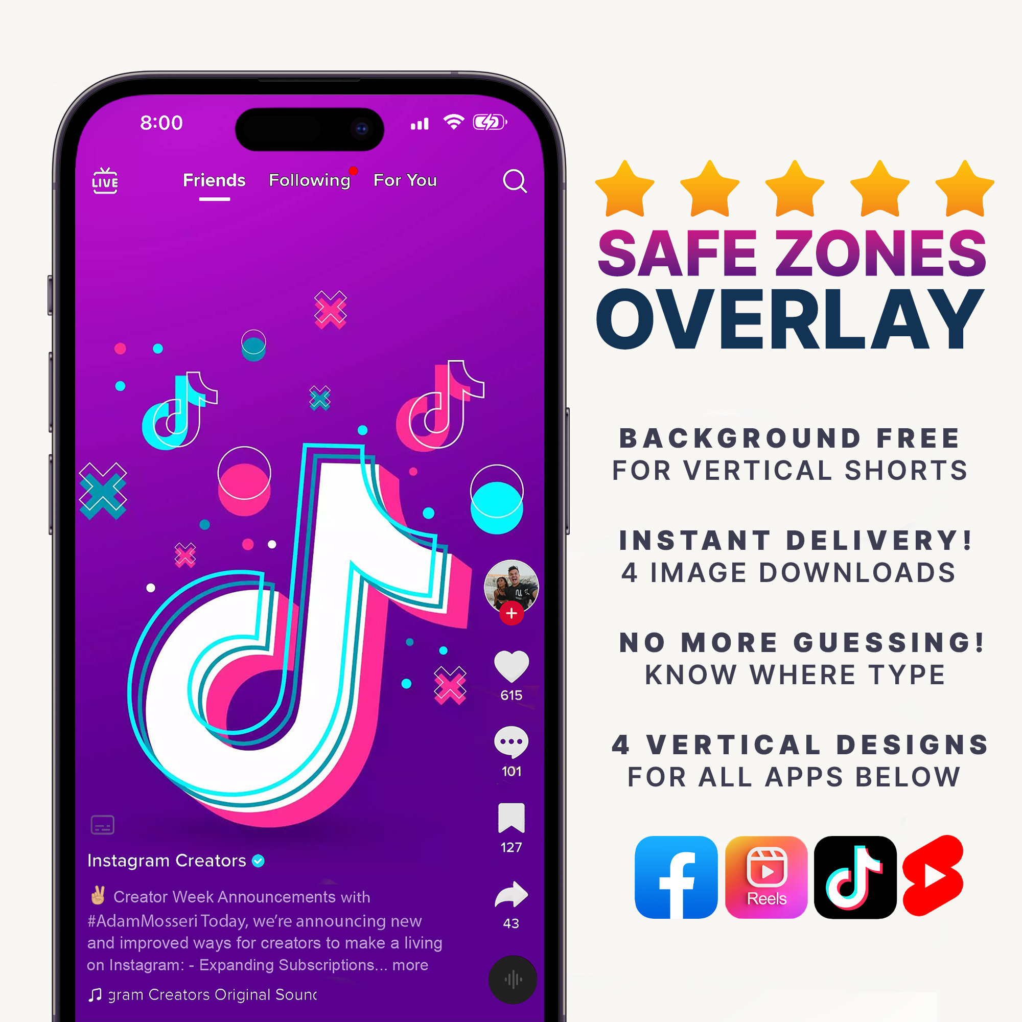 Safe Zone Overlay Template Guide for Vertical Tiktok Videos, Facebook