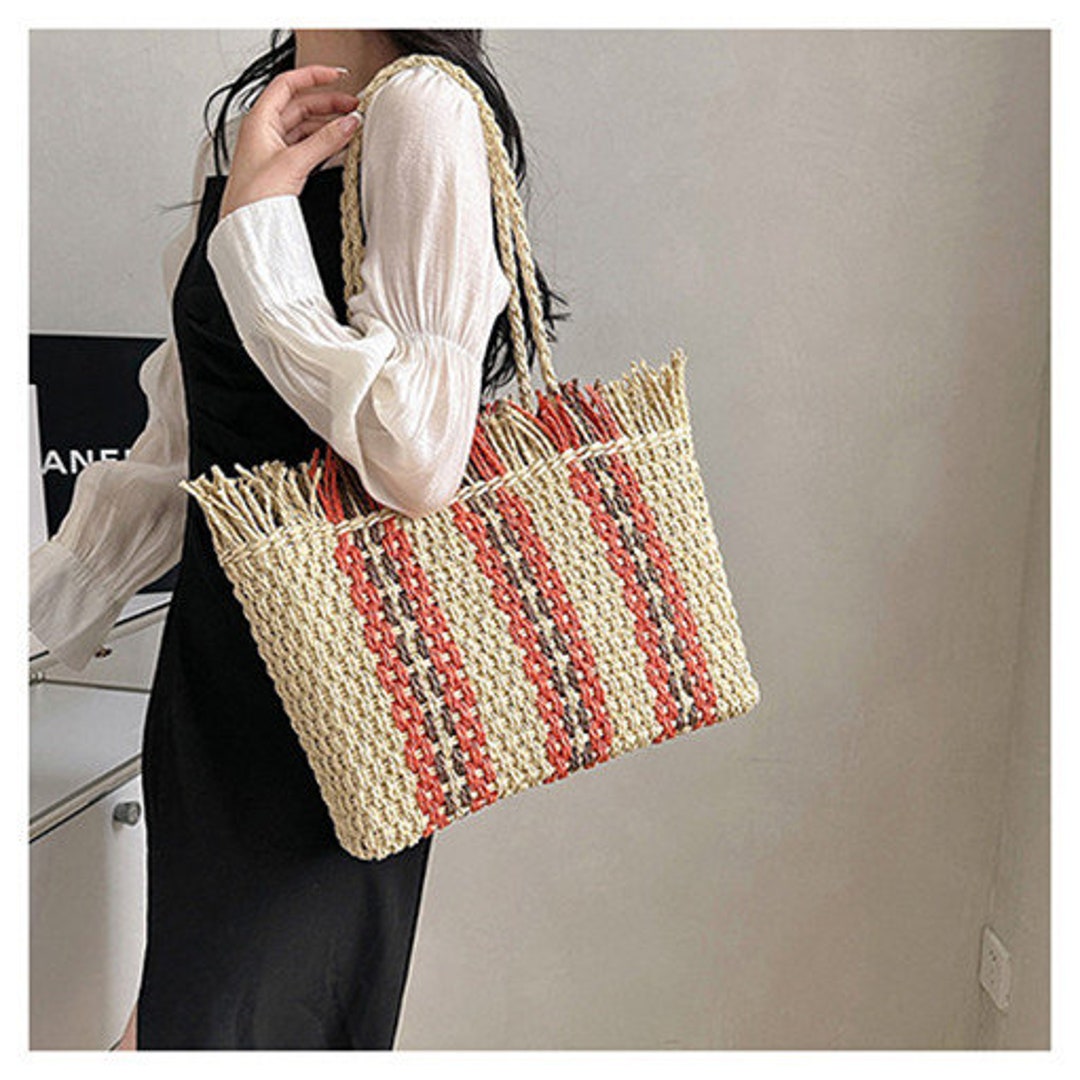 Handmade Market Bag Shoulder Large Beach Striped Tassel Straw Etsy