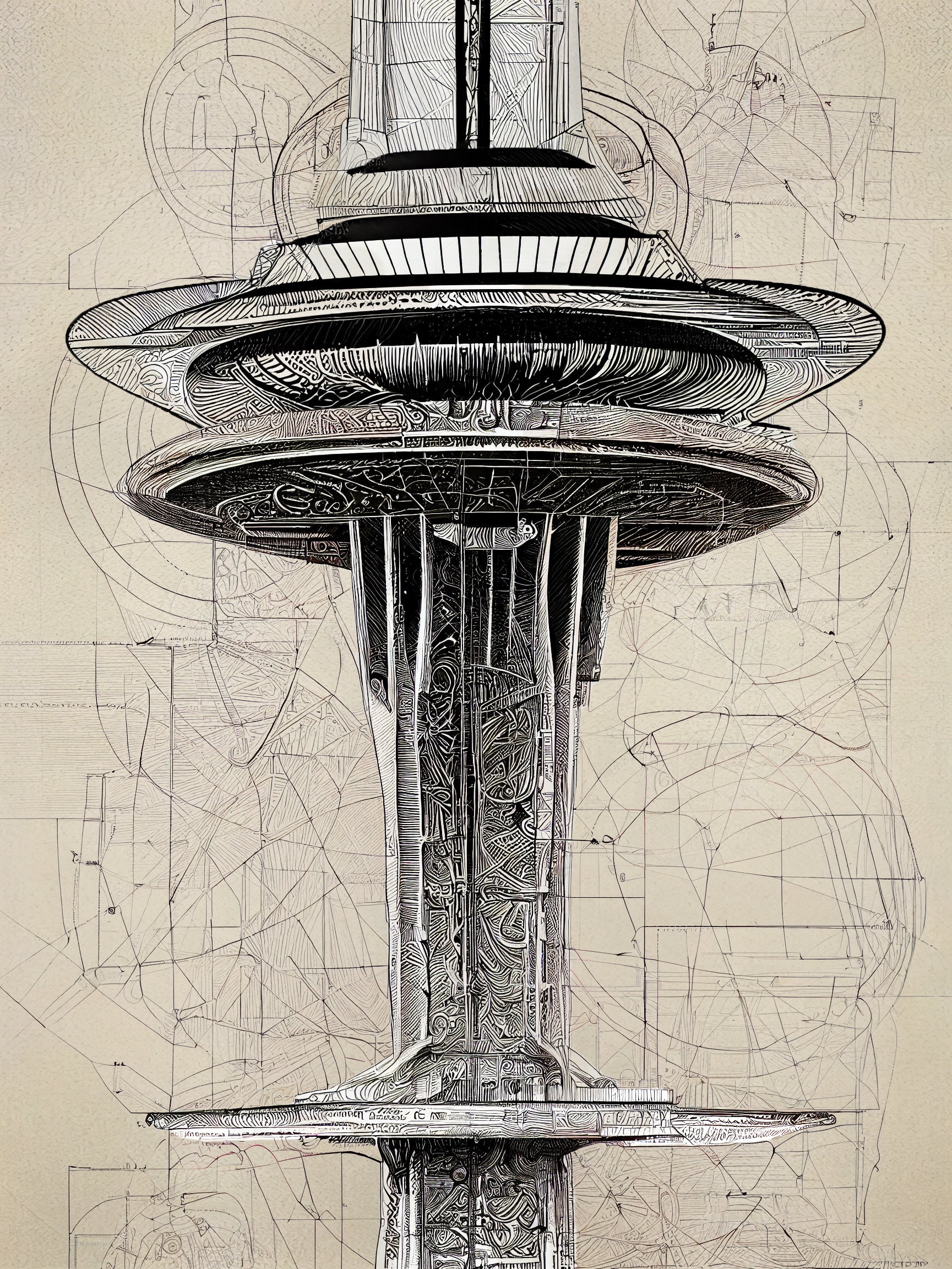 Vintage Seattle Space Needle Blueprint LARGE Canvas Print Etsy
