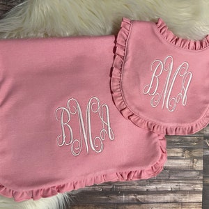 Baby Monogramed Set Bib & Burp Cloth Ruffled Embroidered personalized Baby Gift Baby Shower New Mom Coming Home