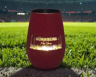 Tealight holder engraved with the Nuremberg football stadium, plus a soccer symbol on the back, various colors.