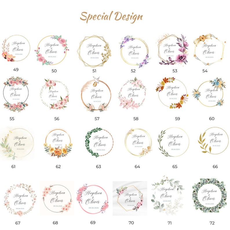 May include: A collection of floral and geometric design templates for wedding or event invitations. Each design features a gold frame with names and a date, surrounded by watercolor flowers and greenery. The text "Special Design" is at the top.
