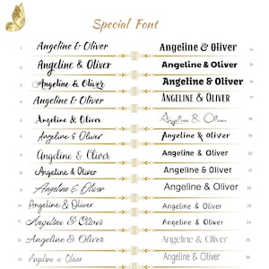 May include: A display of various font styles for the names "Angeline & Oliver". The text is in black, with decorative gold accents. The words "Special Font" are at the top, and a gold butterfly is in the upper left corner.