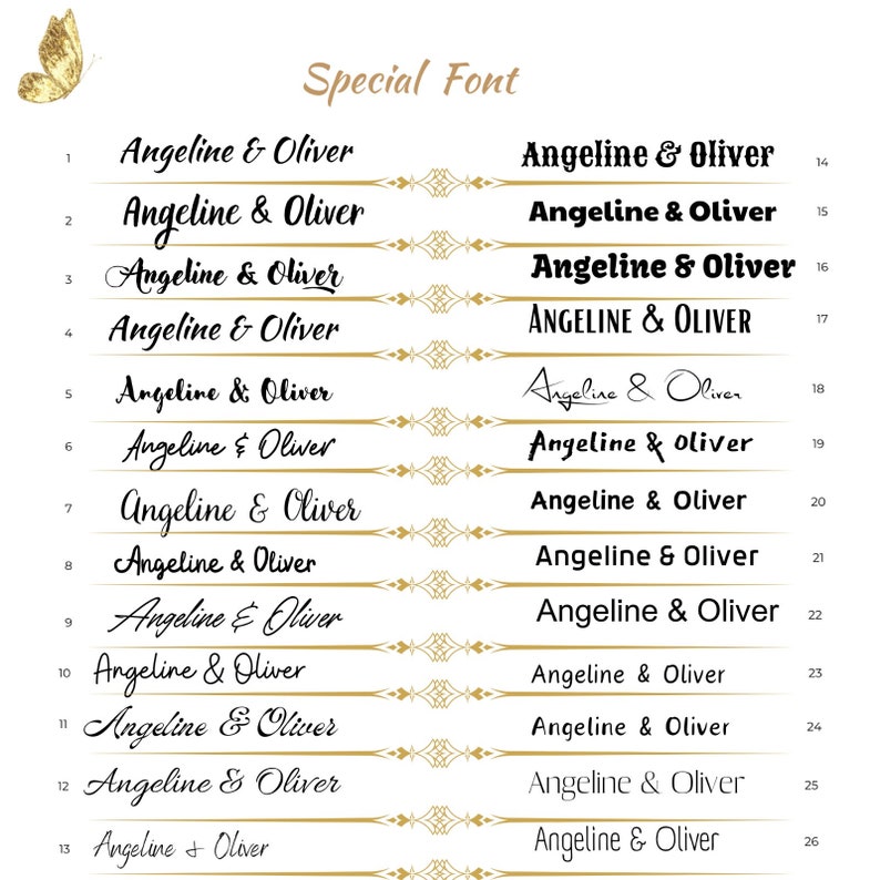 May include: A display of various font styles for the names "Angeline & Oliver". The text is in black, with decorative gold accents. The words "Special Font" are at the top, and a gold butterfly is in the upper left corner.