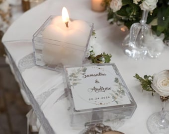 Personalized Wedding Favor Box - Clear Square Candy Box with Custom Label - Elegant Guest Gift for Bridal Shower & Engagement