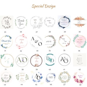 May include: A collection of wedding and event design elements, featuring circular and geometric designs with floral and botanical accents. The designs include text such as "Thank You" and names, ideal for personalized stationery.