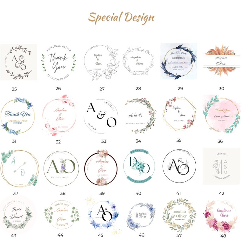 May include: A collection of wedding and event design elements, featuring circular and geometric designs with floral and botanical accents. The designs include text such as "Thank You" and names, ideal for personalized stationery.
