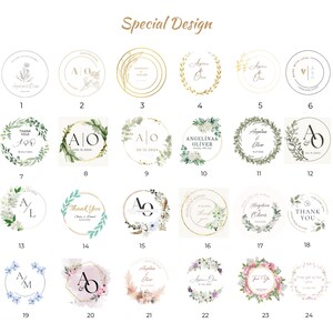 May include: A collection of 24 different wedding favour sticker designs. The stickers feature various floral wreaths, initials, and wedding dates. Some stickers include the words "Thank You" and "Made with Love".