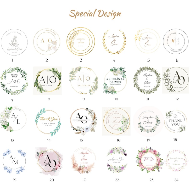 May include: A collection of 24 different wedding favour sticker designs. The stickers feature various floral wreaths, initials, and wedding dates. Some stickers include the words "Thank You" and "Made with Love".