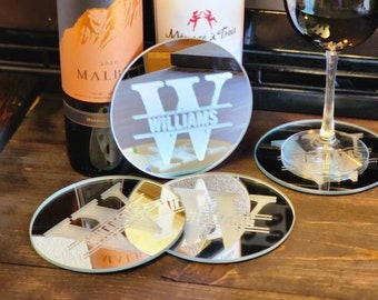 Set of 4 glass etched Monogram Coasters | Personalized | Housewarming Gift | Home Decor | Wedding Gift |