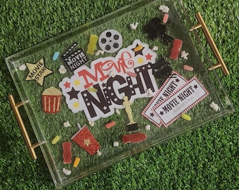 Movie Night Resin Tray | Acrylic Serving Tray With Gold Handles
