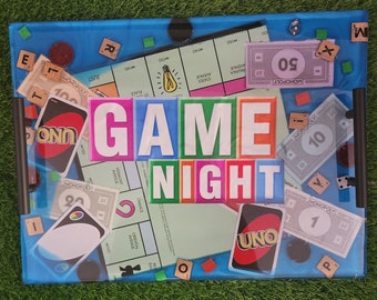 Game Night Resin Tray with Handles | Monopoly, Uno, Scrabble Pieces