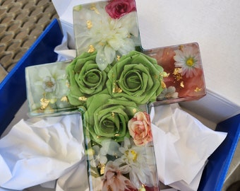 Encapsulated Flowers Cross | Resin Floral Decor, Anniversary Gift