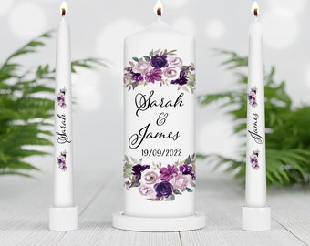 Unity Candle set - Custom Wedding Unity Candle - Ceremonie kaarsen - gepersonaliseerde Trouwkaarsen - mauve bruiloft - lavander / paarse kaarsen