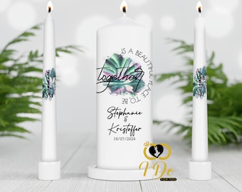 Unity Candle set - Custom Wedding Unity Candle - Ceremony candles - personalised Wedding candles - green and purple - northern lights