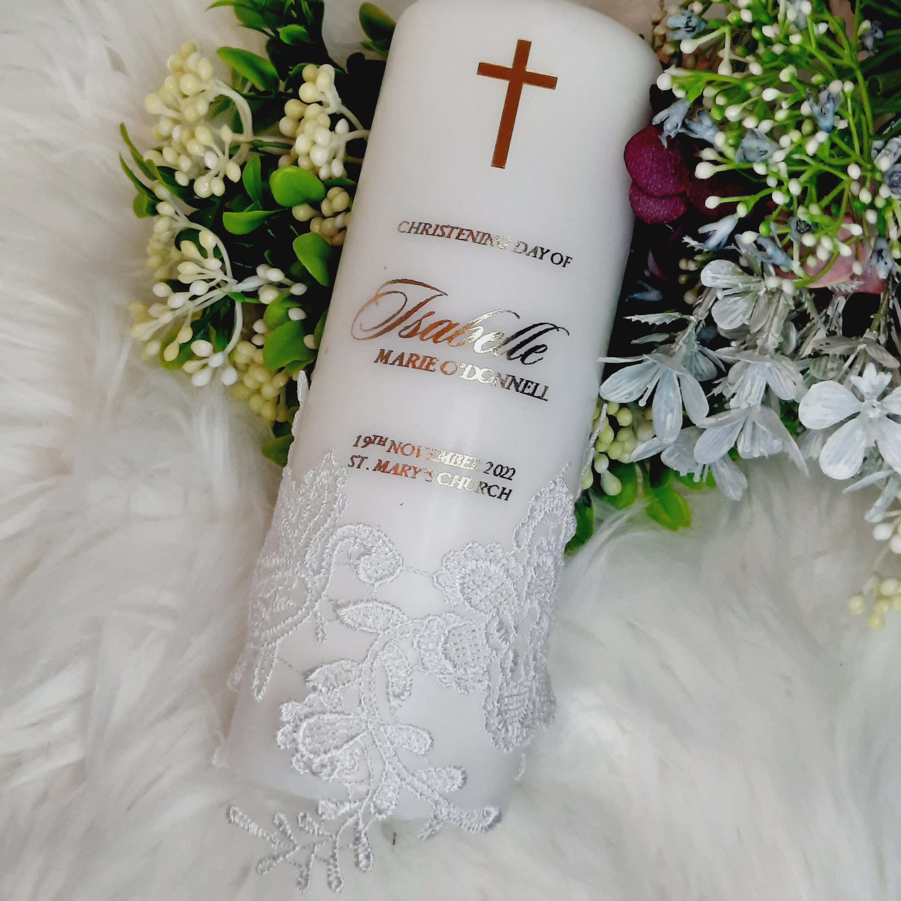 Lace Christening Candle With Gold Letters, Baptism Candle, Gold Baptism Candle, Personalised