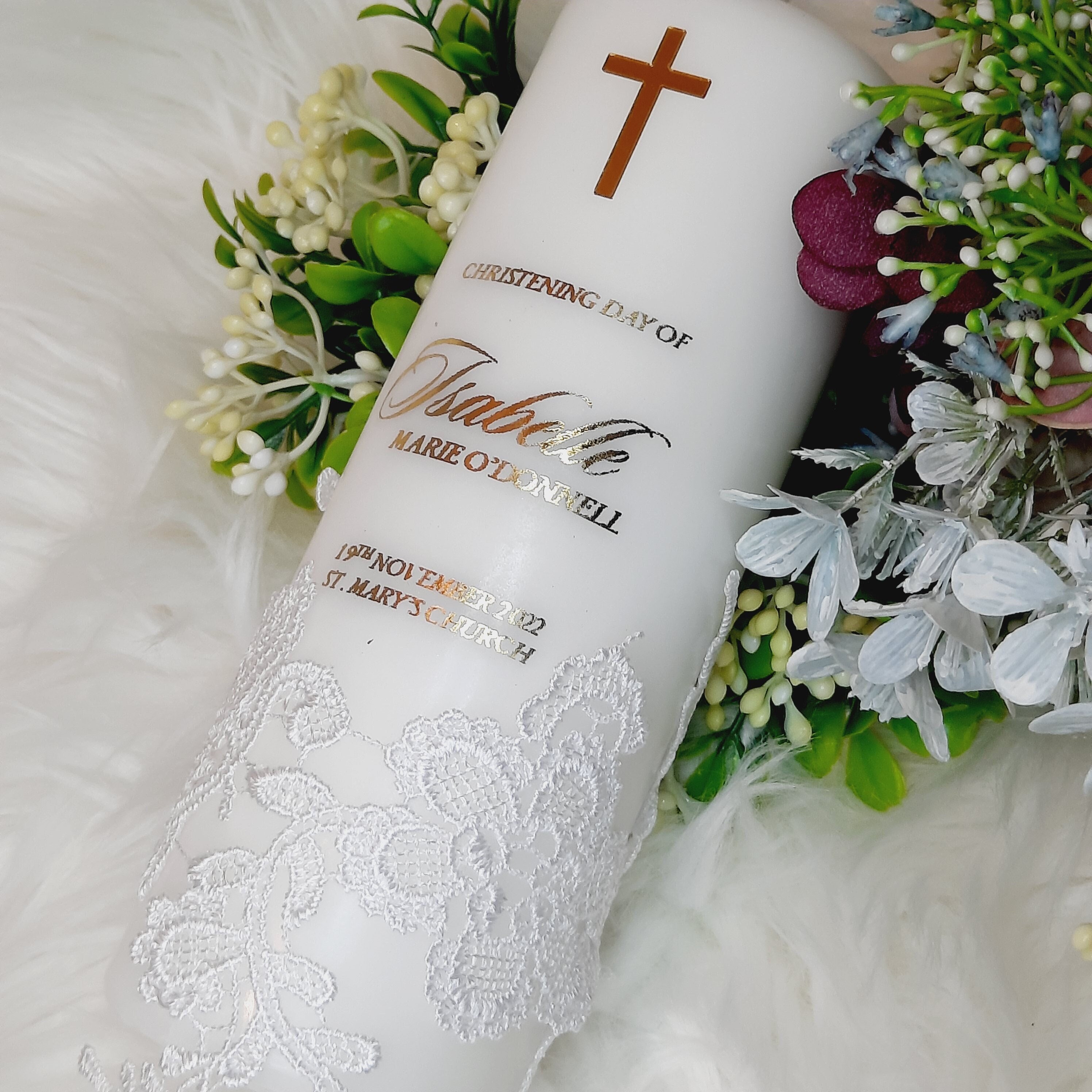 Lace Christening Candle With Gold Letters, Baptism Candle, Gold Baptism