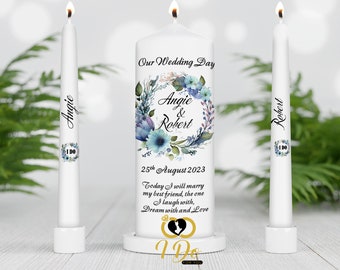 Unity Candle set - Custom Wedding Unity Candle - Ceremony candles - personalised Wedding candle set - blue flowers - light blue wedding