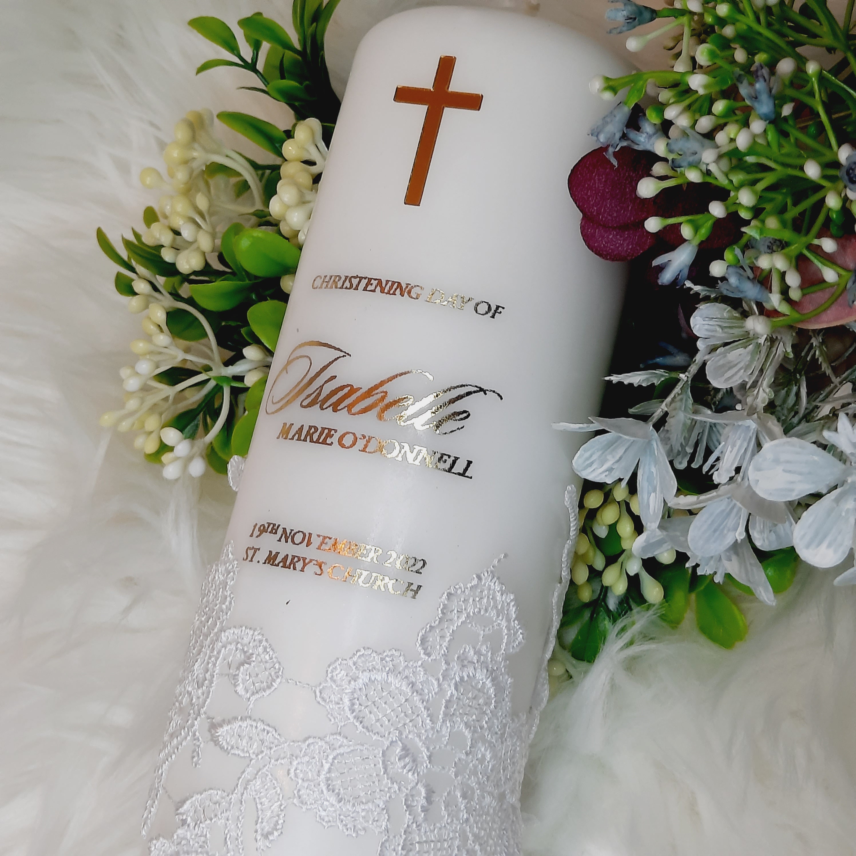 Lace Christening Candle With Gold Letters, Baptism Candle, Gold Baptism Candle, Personalised