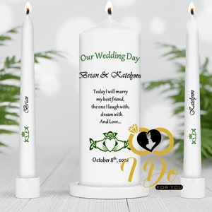 May include: Two white wedding unity candles with green Celtic knot designs and the names "Brian" and "Katelynn" printed on them. The centre candle has the text "Our Wedding Day", "Brian & Katelynn", "Today I will marry my best friend, the one I laugh with, dream with And Love...", "October 8th, 2022", and "I Do" printed on it.