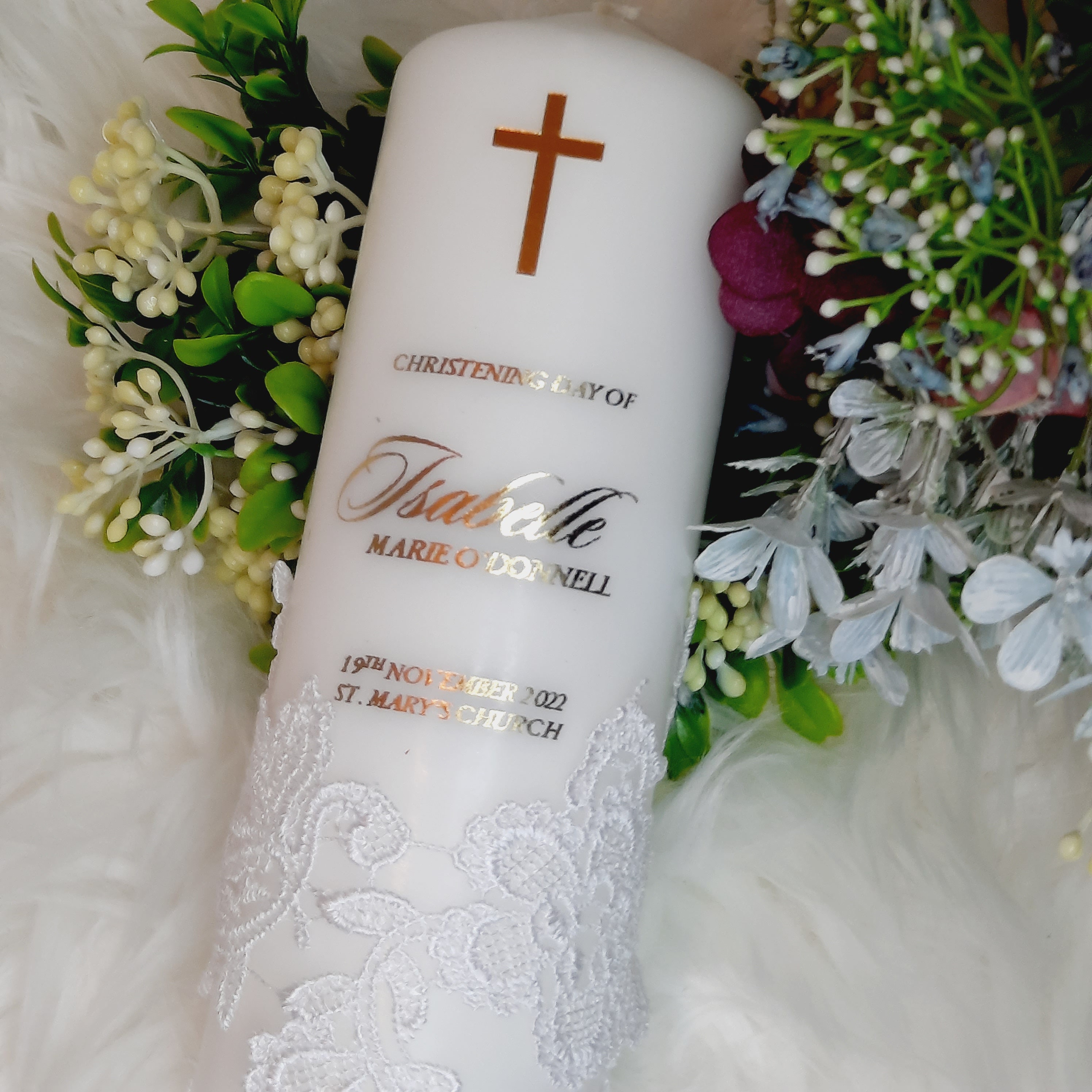 Lace Christening Candle With Gold Letters, Baptism Candle, Gold Baptism