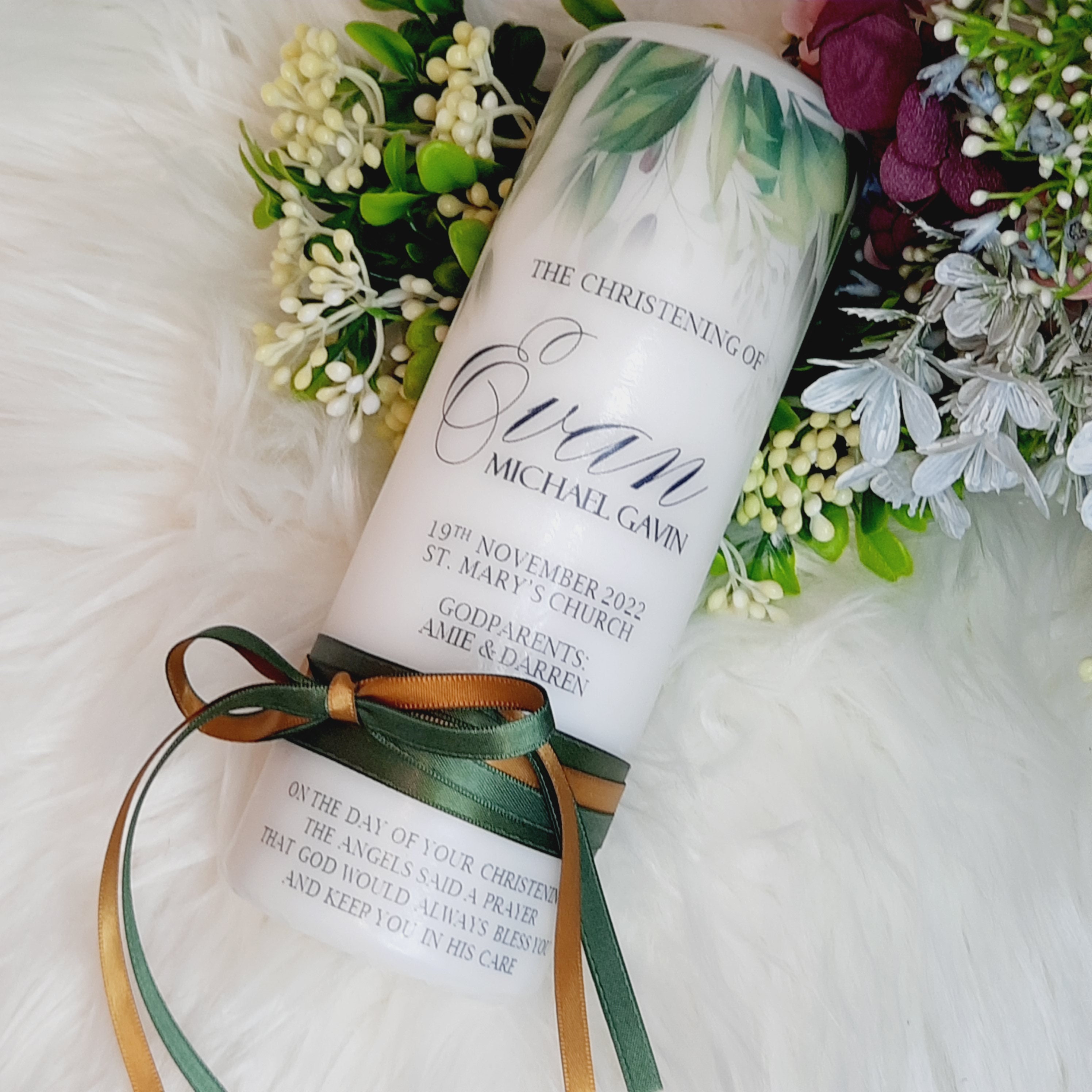 Green Christening Candle With Ribbon, Baptism Candle, Green Baptism