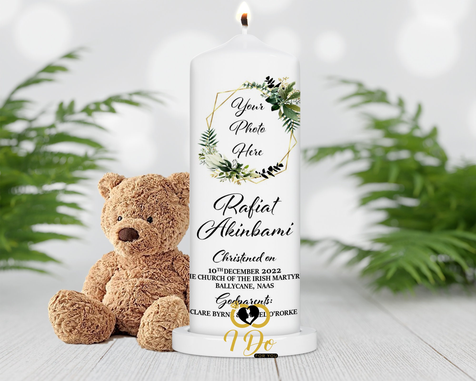 Greenery Christening Candle With Gold / Black Letters, Greenery Photo ...