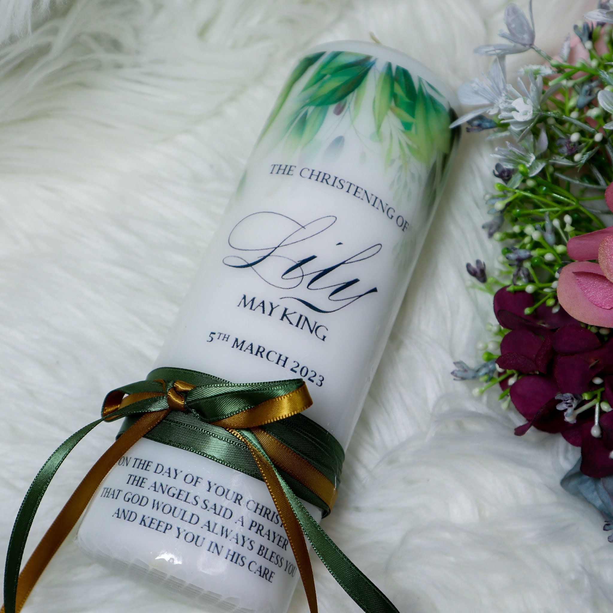 Green Christening Candle With Ribbon, Baptism Candle, Green Baptism