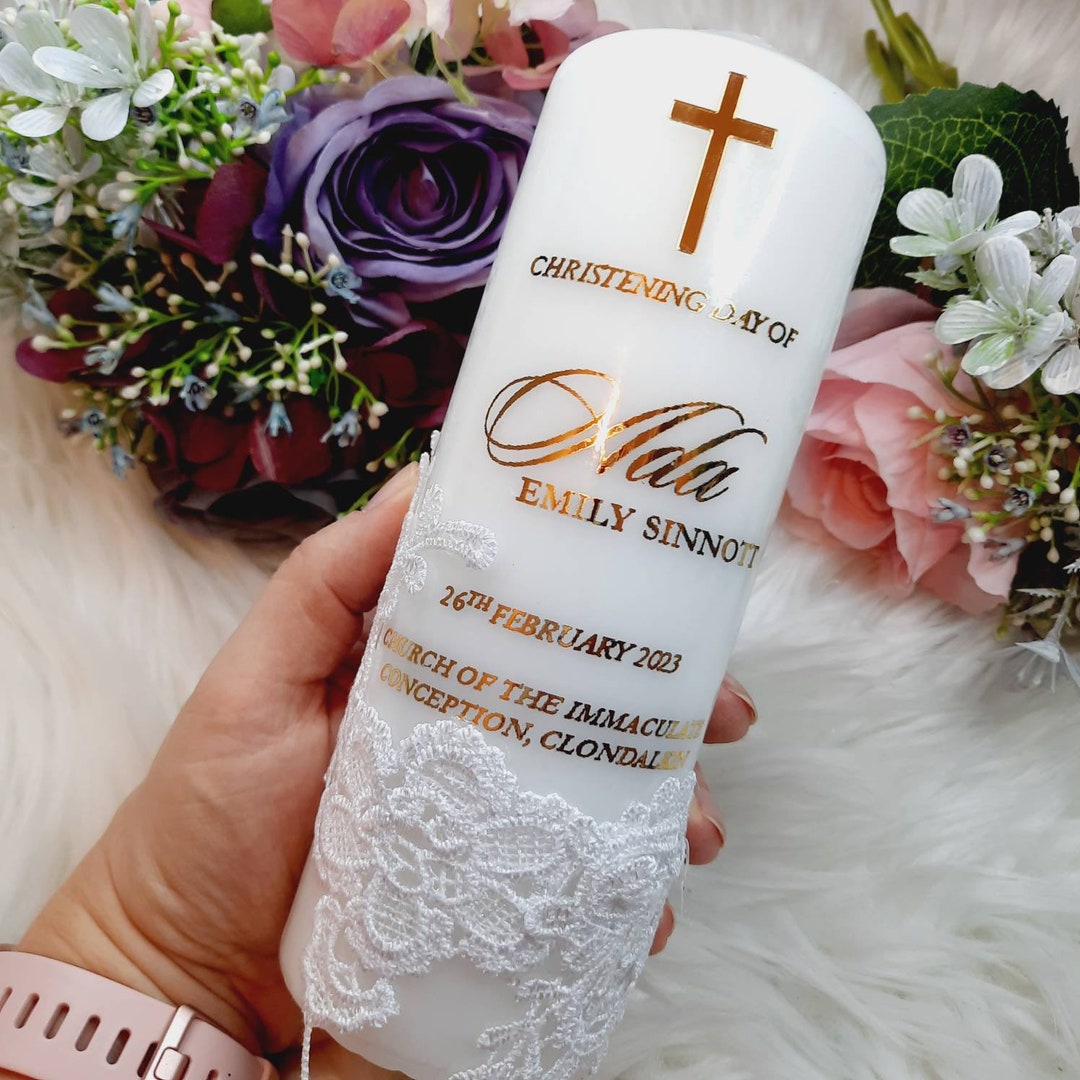Lace Christening Candle With Gold Letters, Baptism Candle, Gold Baptism Candle, Personalised