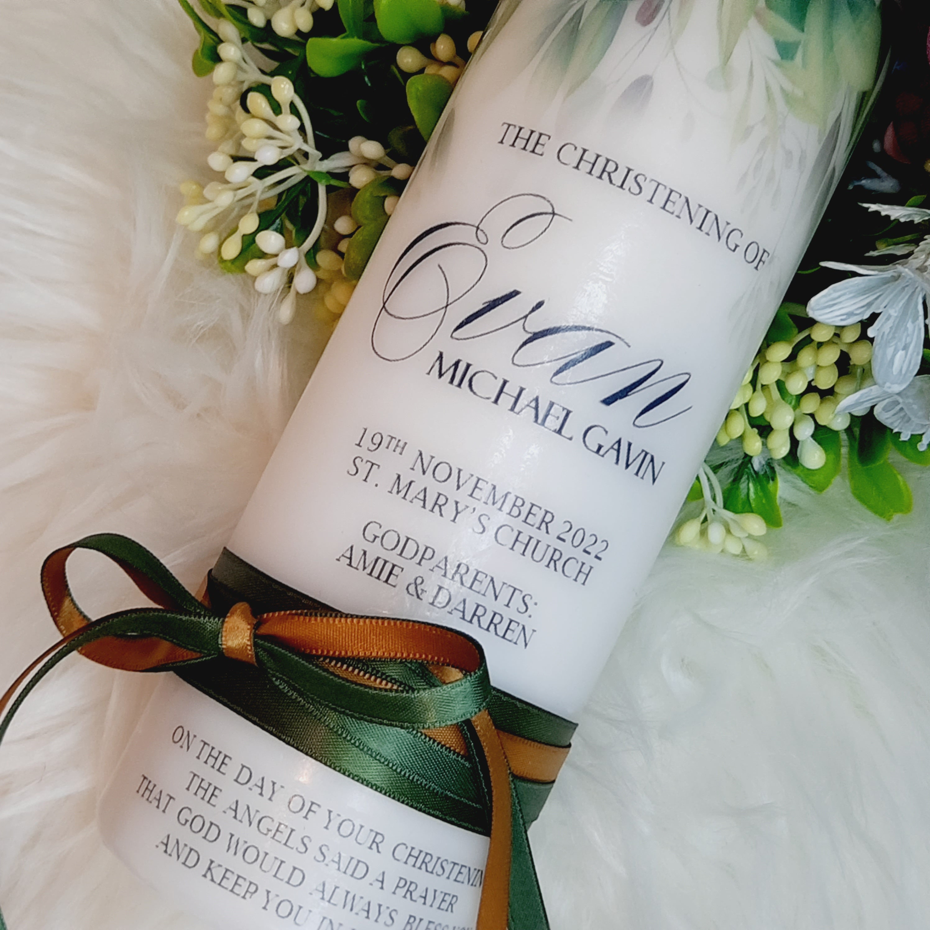 Green Christening Candle With Ribbon, Baptism Candle, Green Baptism