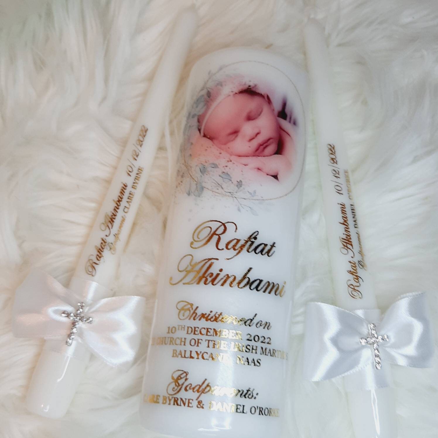 Greenery Christening Candle With Gold / Black Letters, Greenery Photo ...
